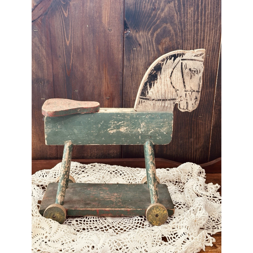 Vintage Antique Child’s Ride On Wooden Horse Toy with Wheels Rustic Primitive